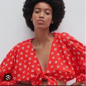 Zara Red Floral 3/4 Puff Sleeves Tie-Front Top S